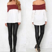 Fashion Splice Color Off Shoulder Long Sleeve Dress 