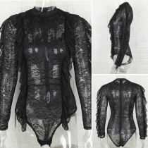 Sexy Solid Color Long Sleeve Lace Gauze Bodysuit 