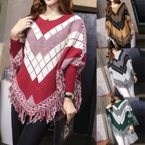 Fashion Casual Bat Sleeve Irregular Tassel Hemline Knit Cloak 
