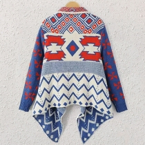 Fashion Contrast Color Long Sleeve Irregular Knitted Cardigan