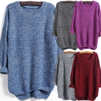 Fashion Mixed Color Long Sleeve High-low Hem Sweater