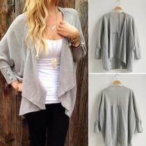Fashion Casual Solid Color Bat Sleeve Irregular Hemline Knit Cardigan 