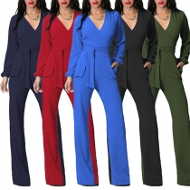 Fashion Casual Solid Color V-neck Gathered Waist Jumpsuit 
