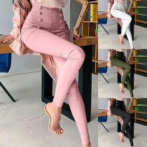 Högmidjade enfärgade stretchleggings med dubbelknäppning