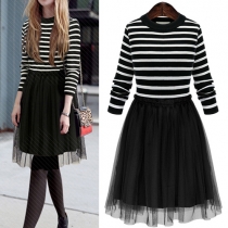 Fashion Gauze Spliced Long Sleeve Round Neck Striped Knit Dress
