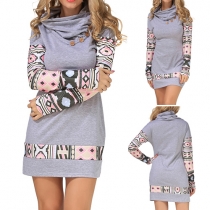 Fashion Printed Spliced Long Sleeve Cowl Neck Slim Fit Dress