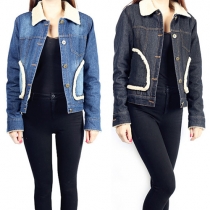 Fashion Lapel Long Sleeve Single-breasted 2 Side Pockets Denim Coat
