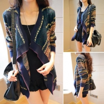Ethnic Style Printed Long Sleeve Irregular Hemline Knit Sweater Cardigan