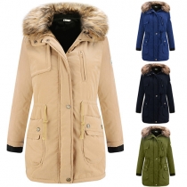 Fashion Front Zipper Artificial Fur Collar Long Sleeve Hooded Women's Padded Coat
