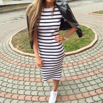 Sexy Round Neck Short Sleeve Striped Slim Fit Knit Dress