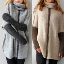 Fashion Contrast Color Turtleneck Long Sleeve Loose-fitting Knit Sweater