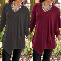 Fashion Solid Color V-neck Irregular Hemline Long Sleeve T-shirt