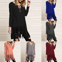 Fashion Solid Color Tassel Hem Long Sleeve Tops