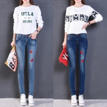 Fashion High Waist Lips Printed Denim Strench Pants 