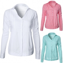 Fashion Casual V-neck Lapel Lattice Long Sleeve Blouse