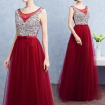 Fashion Elegant Sleeveless Gauze Spliced Evening Dress 