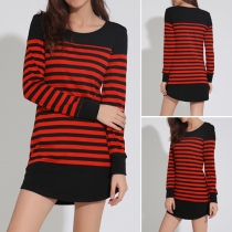 Fashion Stripe Color Spliced Pullover Long Sleeve Dress 