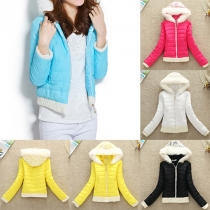 Fashion Sweet Front Zipper Splice Padded Woolen Hoodie Coat 