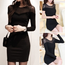 Sexy See-through Gauze Spliced Round Neck Slim Fit Dress