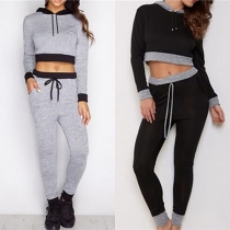 Fashion Long Sleeve Hooded Crop Tops + High Waist Pants Two-piece Set