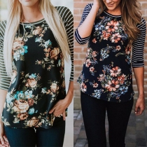 Fashion Striped Spliced 3/4 Sleeve Round Neck Printed T-shirt