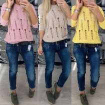 Chic Style Long Sleeve Round Neck Hollow Out Ripped Sweater