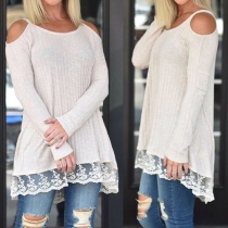 Sexy Off-shoulder Long Sleeve Lace Spliced Hem T-shirt