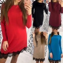 Fashion Solid Color Long Sleeve Round Neck Lace Spliced Hem Dress