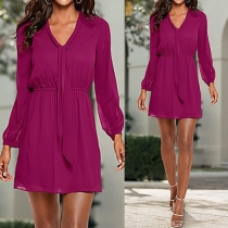 Fashion Solid Color Long Sleeve V-neck Chiffon Dress