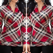 Fashion Long Sleeve V-neck Plaid Printed Tops