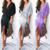 Sexy Deep V-neck Slit Hem Dolman Sleeve Party Dress