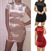 Fashion Solid Color Short Sleeve Mock Neck Bodycon Dress