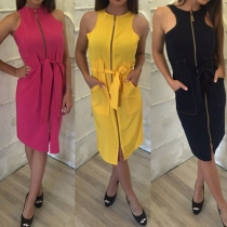 Fashion Solid Color Sleeveless Round Neck Lace-up Zipper Dress