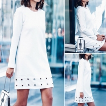 Fashion Solid Color Long Sleeve Round Neck A-line Dress