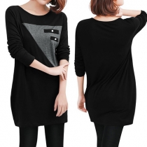 Fashion Contrast Color Long Sleeve Round Neck T-shirt Dress
