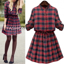 Fashion Long Sleeve Gathered Waist Oversized Plaid Dress