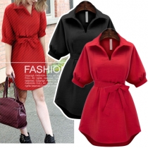Fashion Elegant Solid Color Half Sleeve Drawstring Waist Dress 