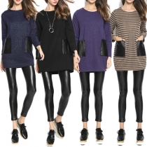 Fashion Casual Stripe PU Leather Pocket Long Sleeve Knit Sweather 