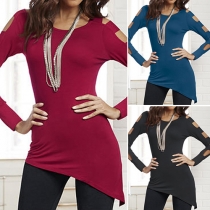 Fashion Casual Solid Color Hollow Out Shoulder Irregular Hem Slim Fit Tops 