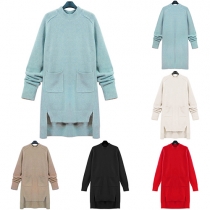Fashion Casual Solid Color Long Sleeve High-low Hemline Knit Sweater Dress 