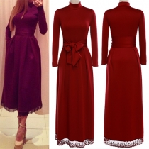 Fashion Elegant Solid Color Turtleneck Drawstring Waist Slim Fit Maxi Dress