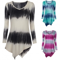 Fashion Casual Printed Long Sleeve Irregular Hemline Slim Fit Tops
