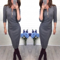 Fashion Solid Color 3/4 Sleeve Front Zipper Slim Fit Dress 