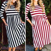 Fashion Striped 3/4 Sleeve Round Neck Dress 