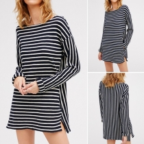 Fashion Striped Long Sleeve Round Neck Side Slit Dress 