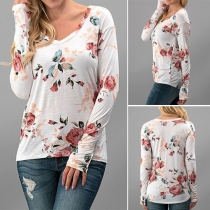 Fashion Casual Flower Printed V-neck Long Sleeve Tops 