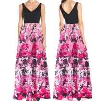 Fashion Elegant Flower Printed V-neck Sleeveless Chiffon Maxi Dress 