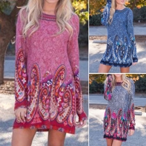 Fashion Retro Flower Printed Round Neck Long Sleeve Dress
