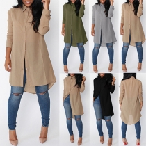 Fashion Casual Solid Color High-low Hemline Long Sleeve Chiffon Tops