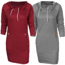 Fashion Solid Color Long Sleeve Drawstring Hoodie Dress